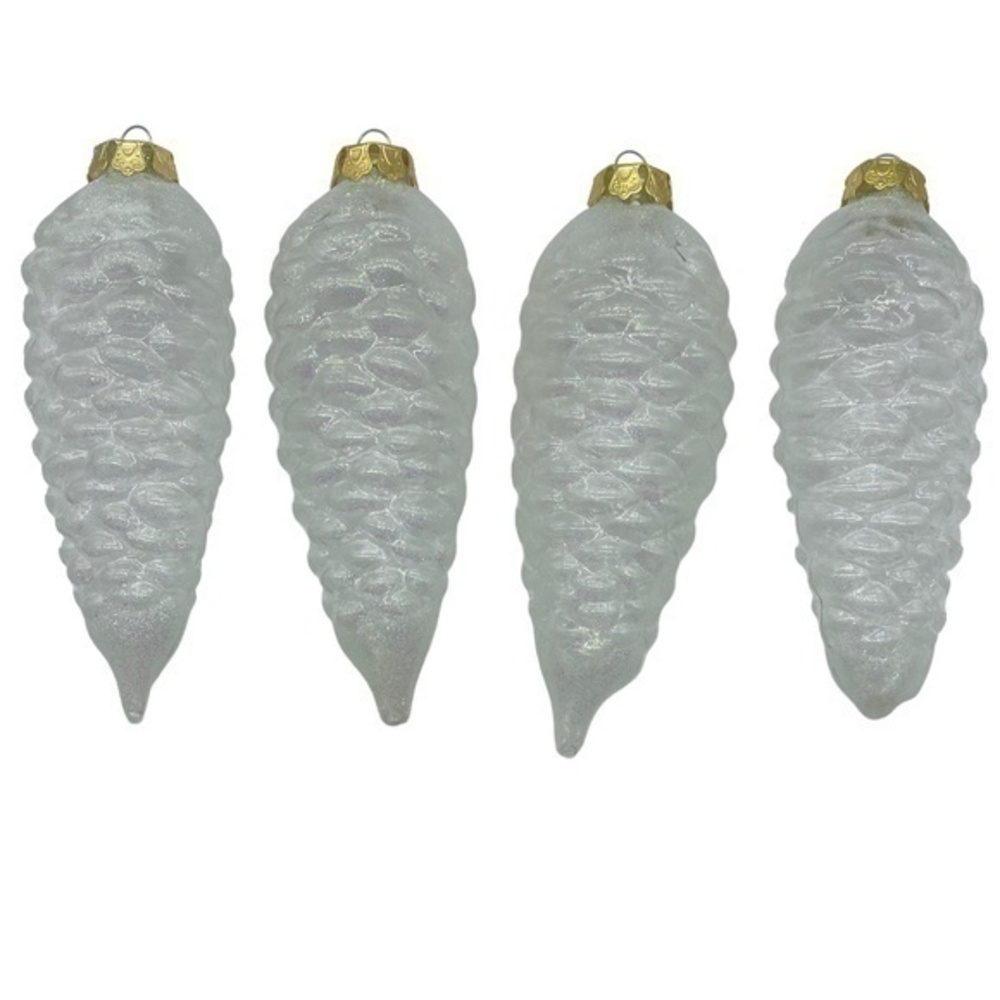 Vintage Frosted Glittery Pine Cone Ornaments Hand Blown Set of 4